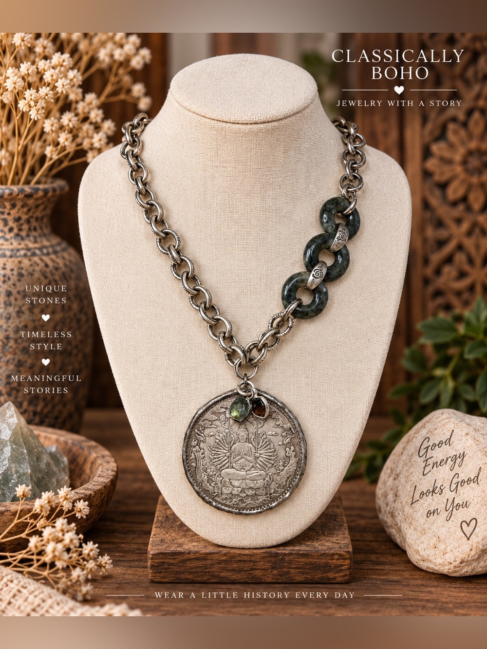 Buddha Coin Necklace with Wuji Jade & Antique Silver Chain
